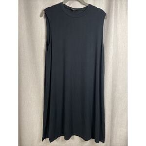 J Jill Wearever Swing Dress Black Floral Knit Jersey Swing Sleeveless Womens M